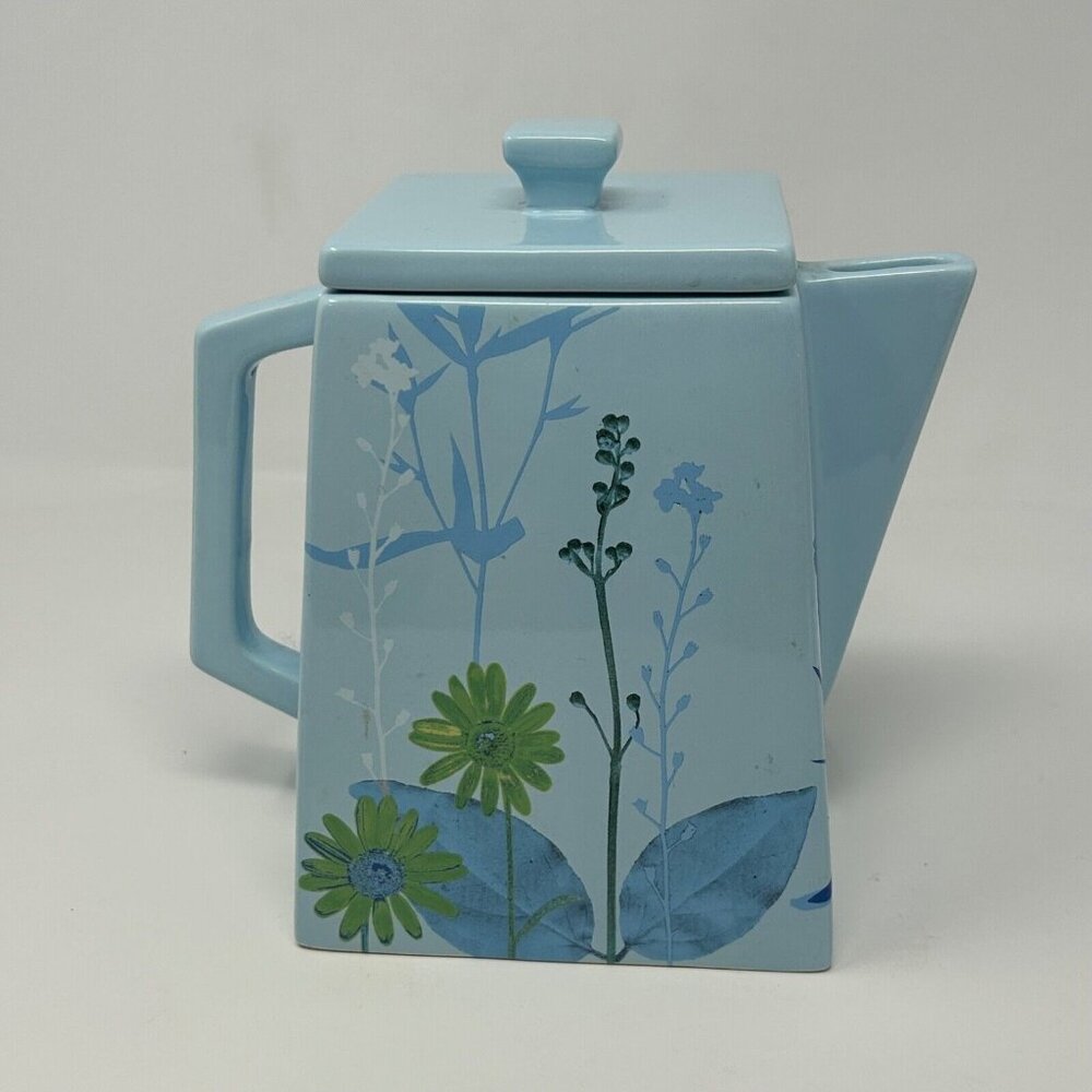 Burton & Burton Serenity Garden 2005 Blue Square Teapot  6" Tall